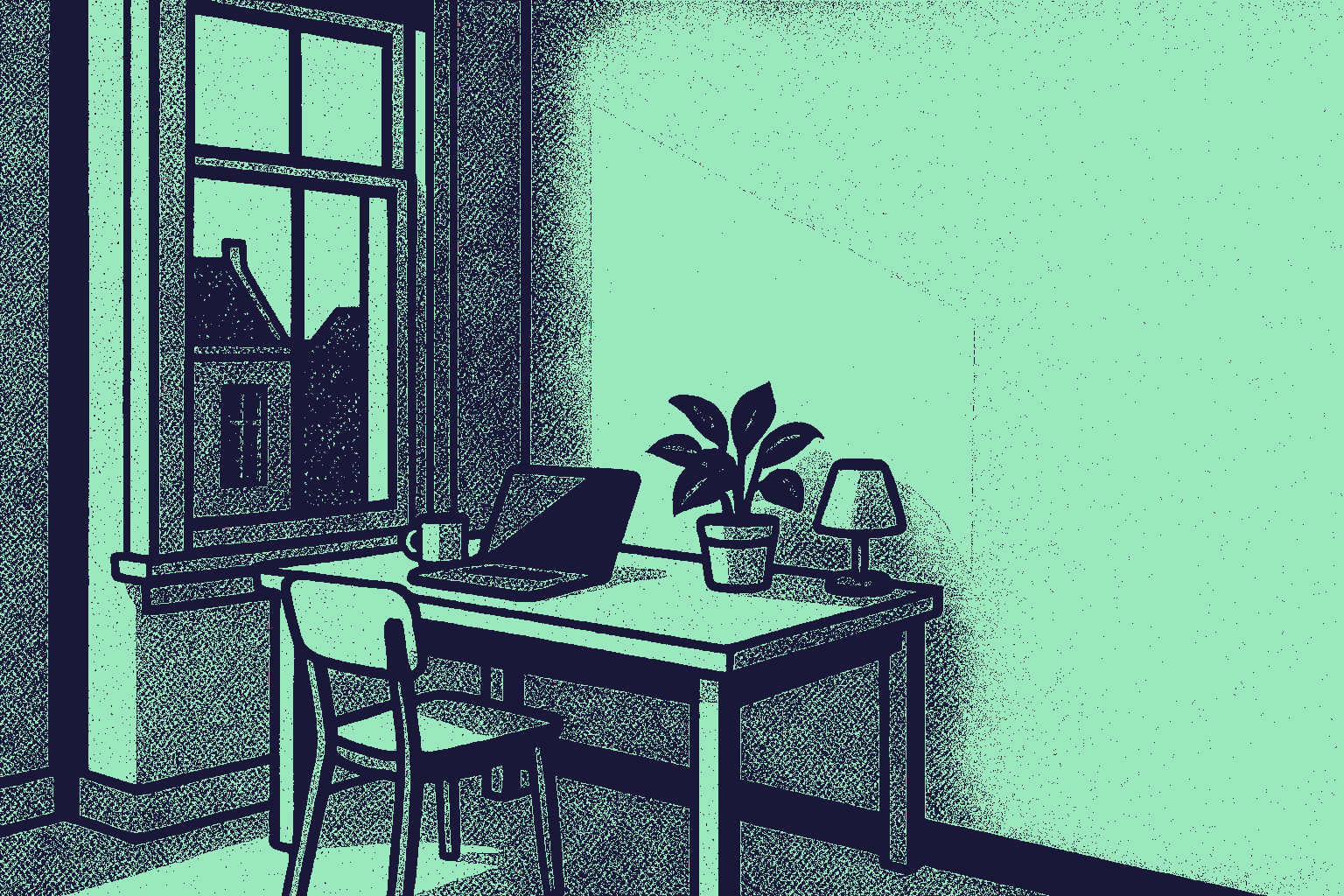 Comic-book illustration of an empty desk under a tall window in a small Amsterdam flat.