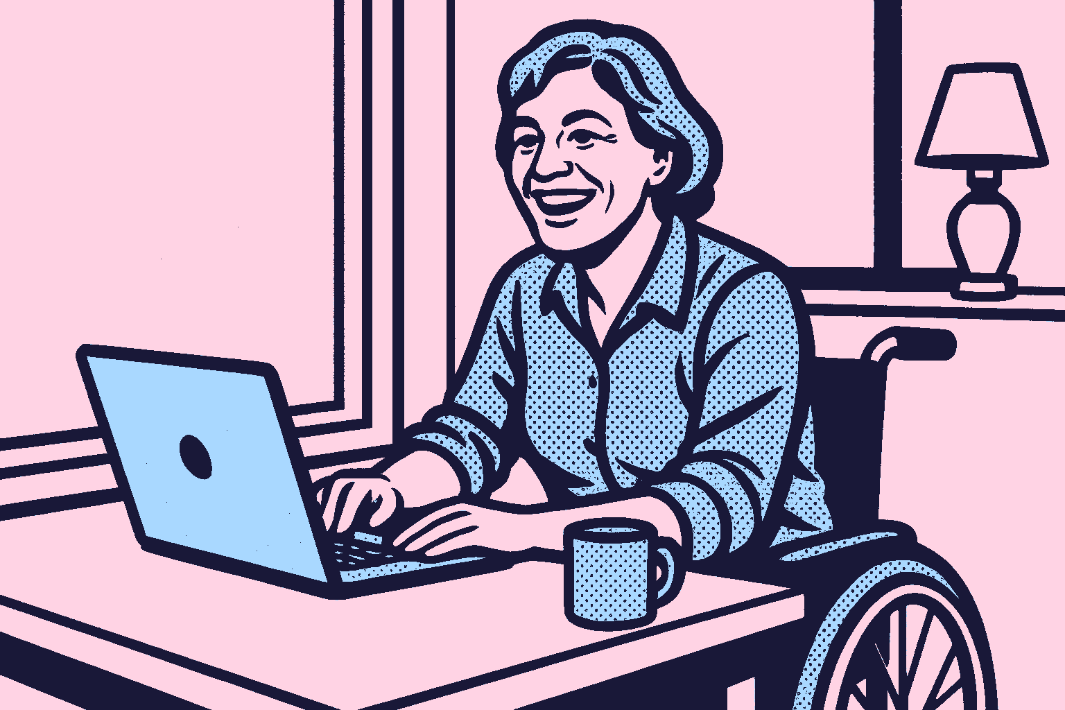 Comic-book illustration of a woman in a wheelchair working at a dining table by a window.
