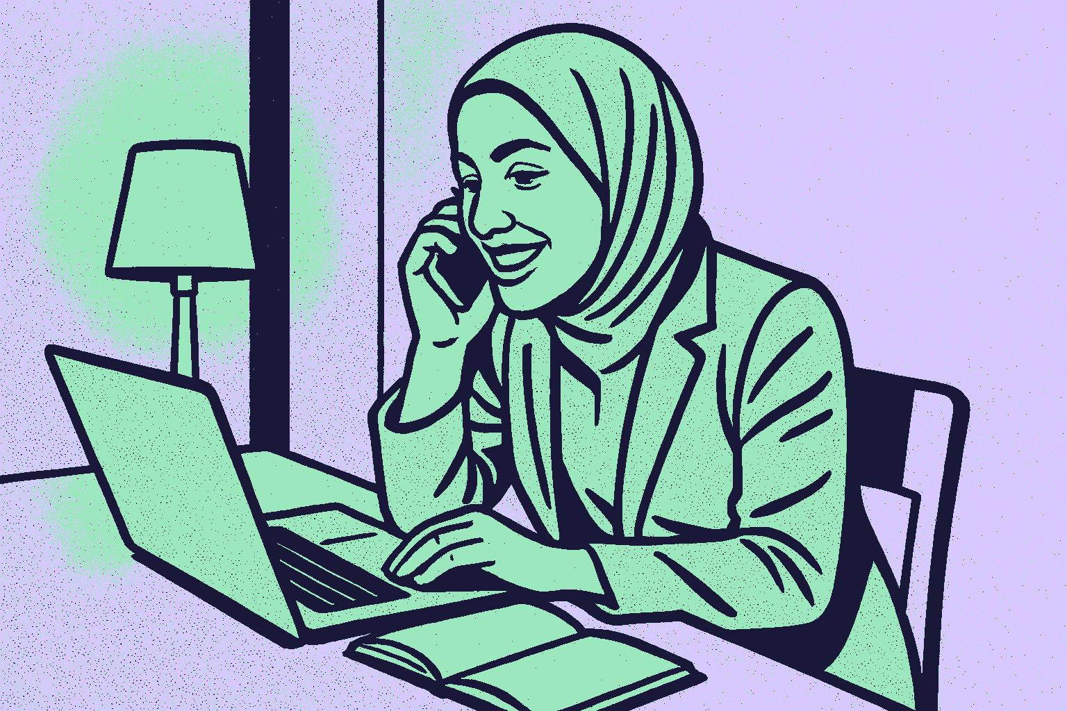 Comic-book illustration of a woman smiling on a call beside an open laptop in a warmly lit room.