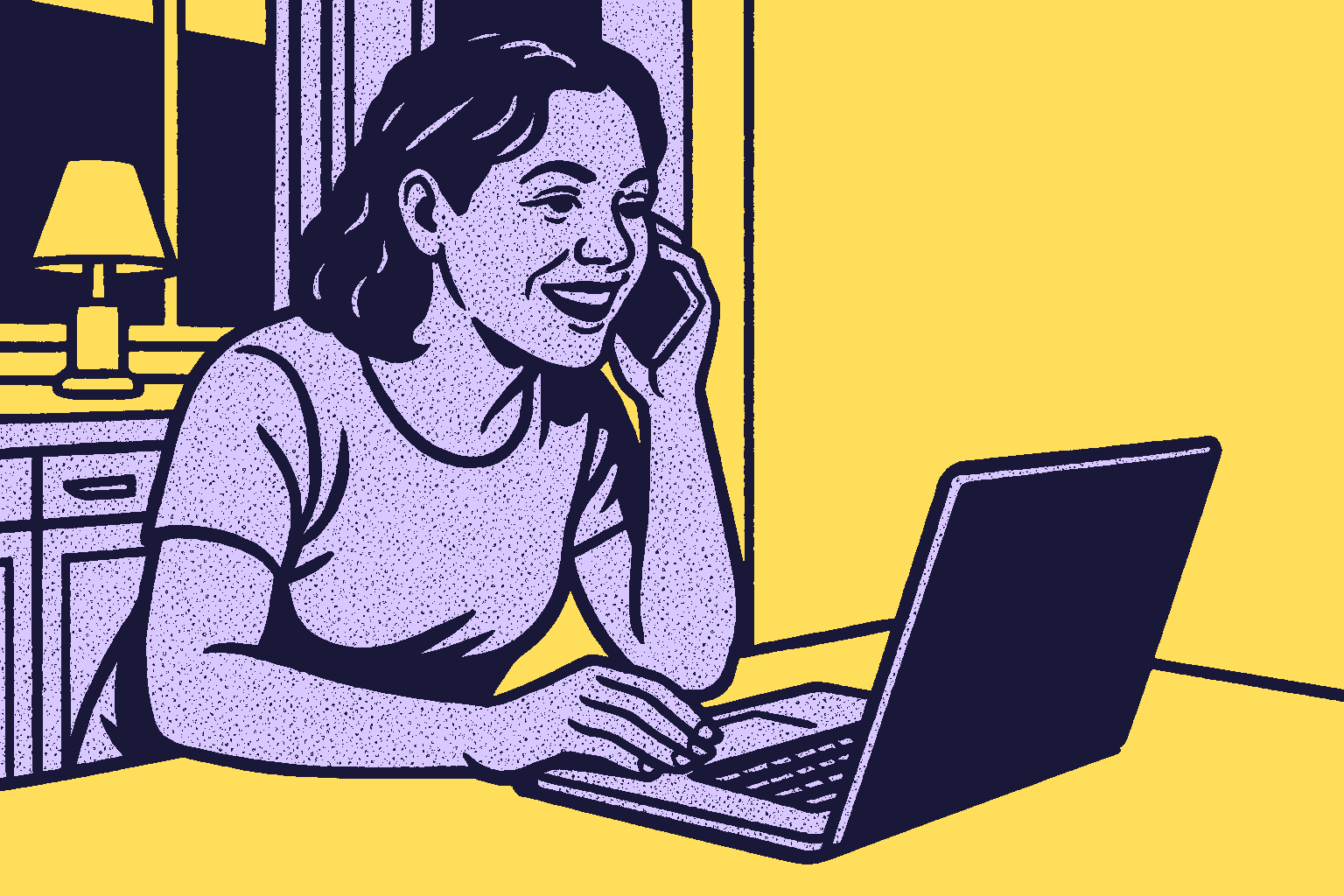 Comic-book illustration of a woman smiling on a call beside a laptop in a warmly lit kitchen.