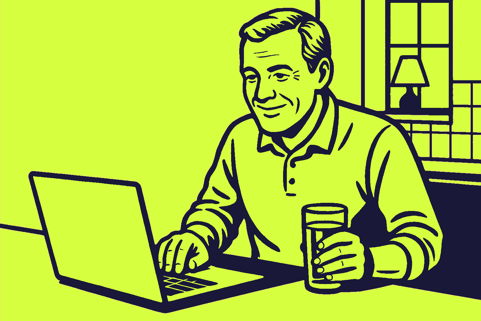 Comic-book illustration of a man smiling at an open laptop on a warmly lit kitchen counter.
