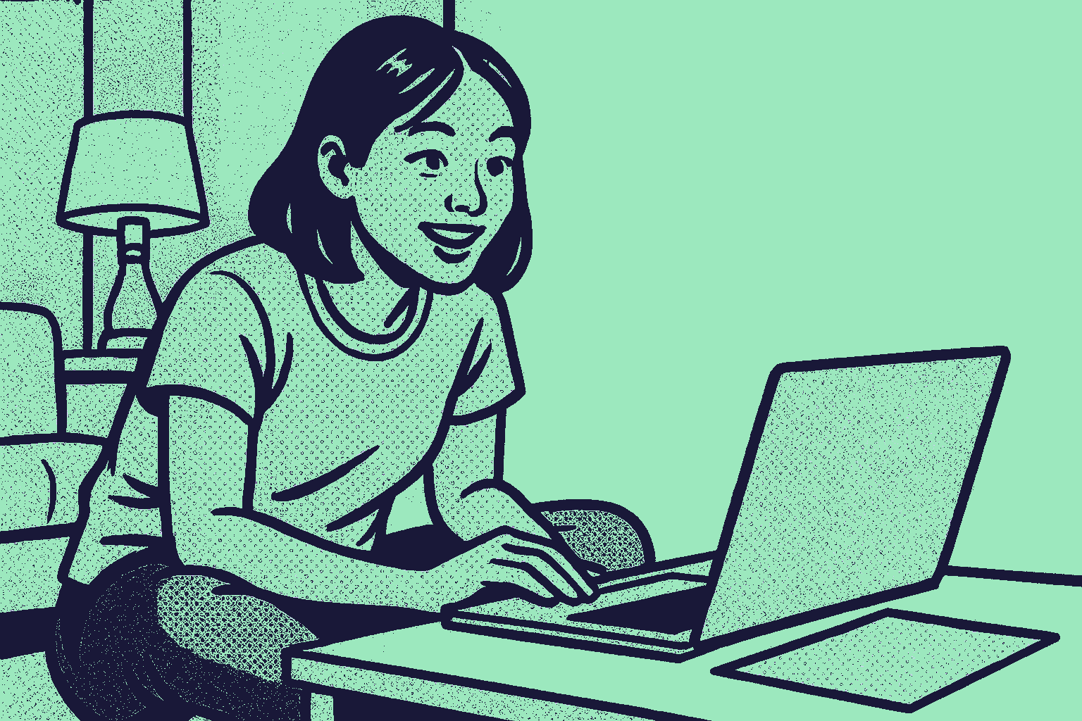Comic-book illustration of a student smiling at a laptop in a small, warmly lit room.